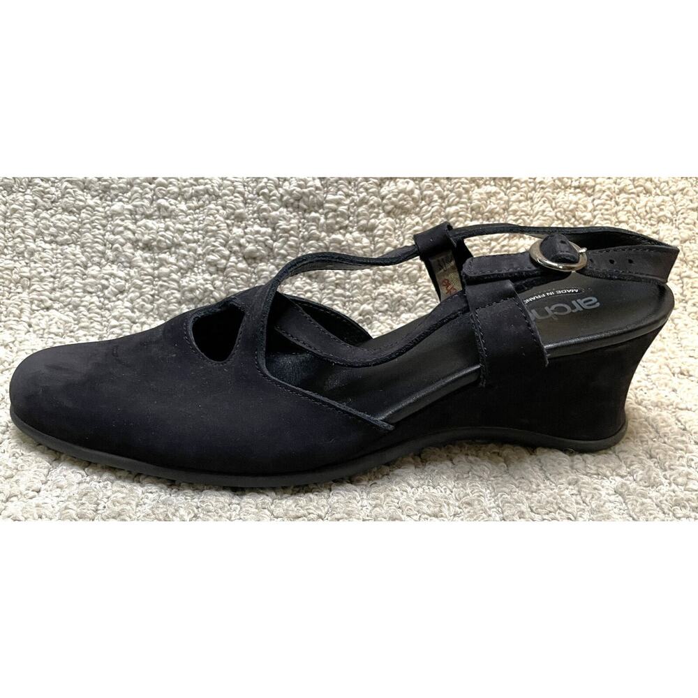 Arche Black Nubuck Suede Shoes 41 10 Cross Strap Wedge Heels Slingbacks - Picture 4 of 11